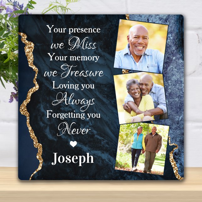 Elegant Blue Marble Remembrance 3 Photo Memorial Plaque (Creator Uploaded)