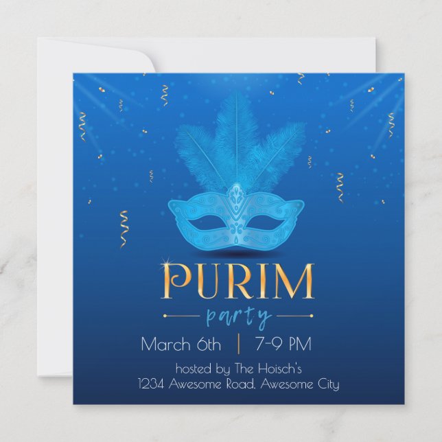 Elegant Blue Mask Purim Invitation (Front)