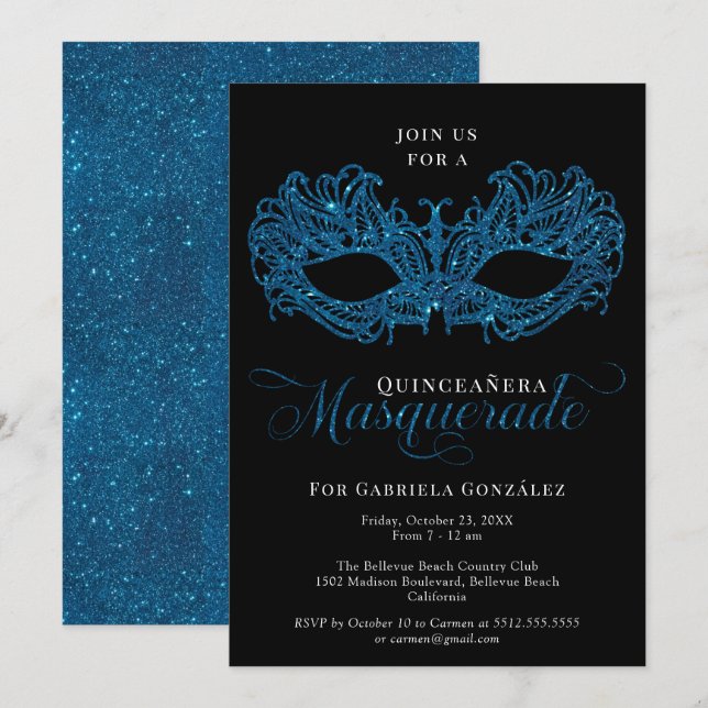 Elegant Blue Masquerade Mask Quinceanera Invitation (Front/Back)