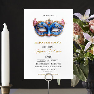 Elegant Blue Masquerade Party Birthday Invitation