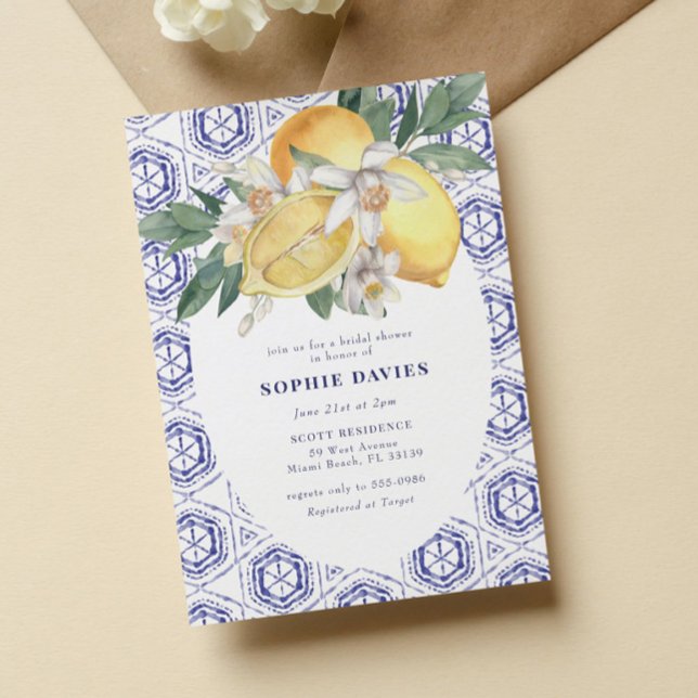 Elegant Blue Mediterranean Lemon Bridal Shower Invitation (Creator Uploaded)