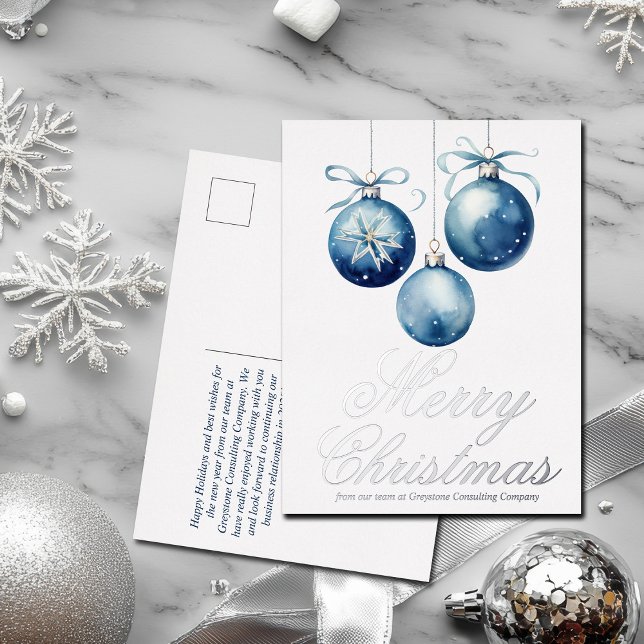 Elegant Blue Merry Christmas Business Silver Foil Holiday Postcard (Creator Uploaded)
