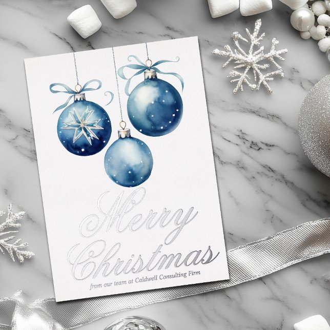 Elegant Blue Merry Christmas Company Silver Foil Holiday Card (Creator Uploaded)