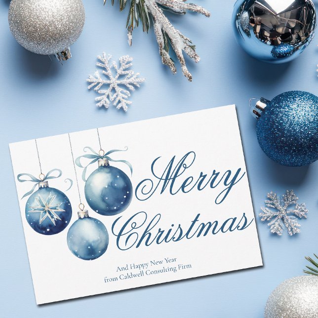 Elegant Blue Merry Christmas Ornaments Company Holiday Card (Creator Uploaded)