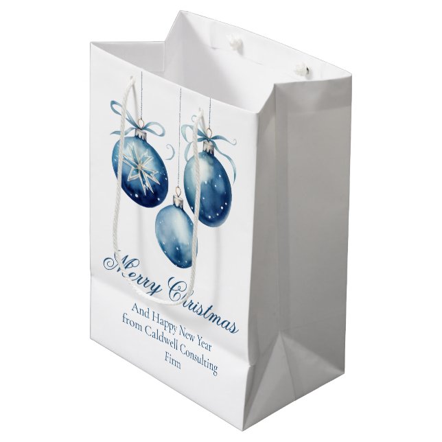 Elegant Blue Merry Christmas Ornaments Company Medium Gift Bag (Front Angled)