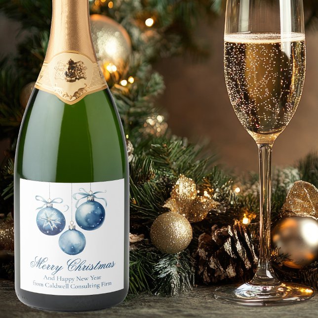 Elegant Blue Merry Christmas Ornaments Company Sparkling Wine Label (Creator Uploaded)