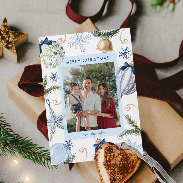 Elegant Blue Merry Christmas Photo Card (Blue Whimsical Christmas Photo Greeting Card)