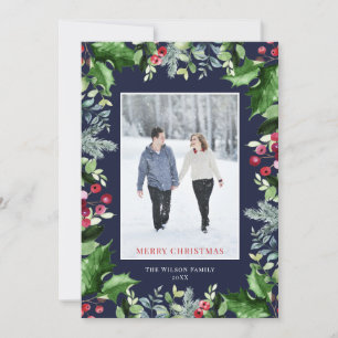 Elegant Blue Merry Christmas Photo Greenery Holiday Card