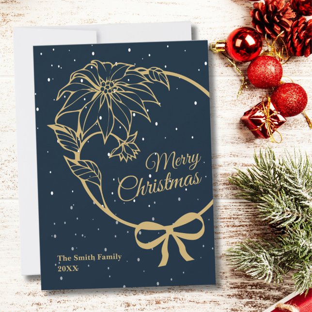 Elegant Blue Merry Christmas Poinsettia Flat Holiday Card (Creator Uploaded)