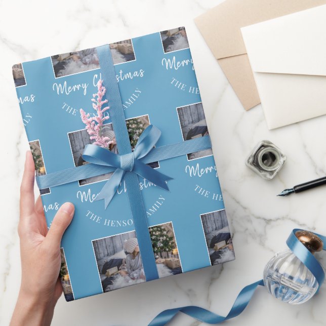 Elegant Blue Merry Christmas Script Family Photo  Wrapping Paper (Gifting)