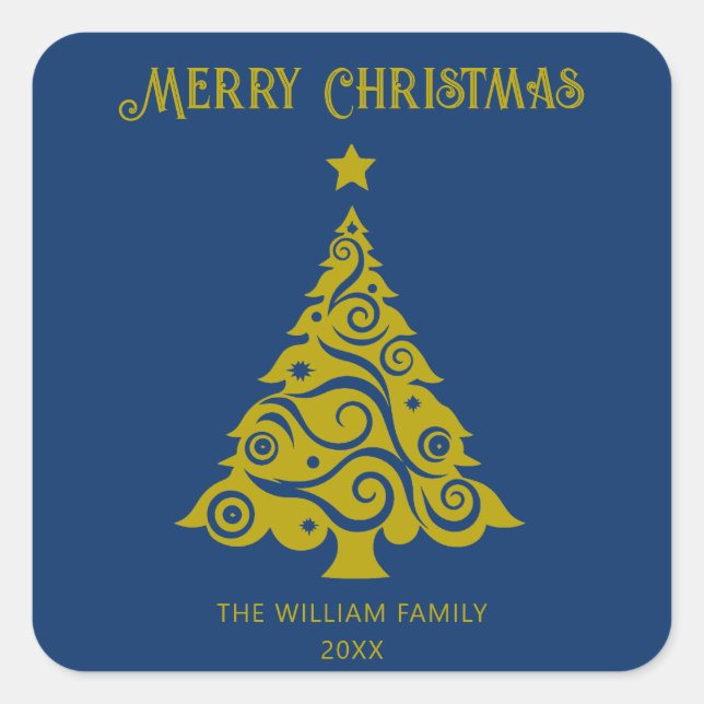 Elegant Blue Merry Christmas Tree Holiday Gift  Square Sticker (Front)