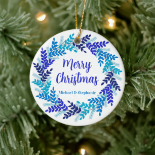 Elegant Blue Merry Christmas Wreath Ceramic Tree Decoration