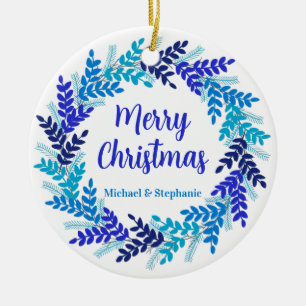 Elegant Blue Merry Christmas Wreath Ceramic Tree Decoration