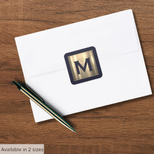 Elegant Blue Metallic Gold Initial Square Sticker