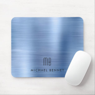 Elegant Blue Metallic Monogram Name Mouse Mat