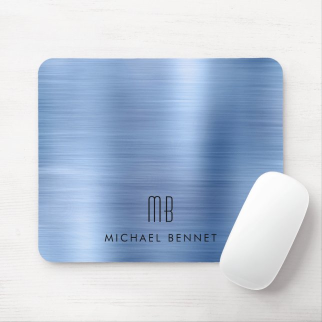 Elegant Blue Metallic Monogram Name Mouse Mat (With Mouse)