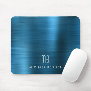 Elegant Blue Metallic Monogram Name Mouse Mat