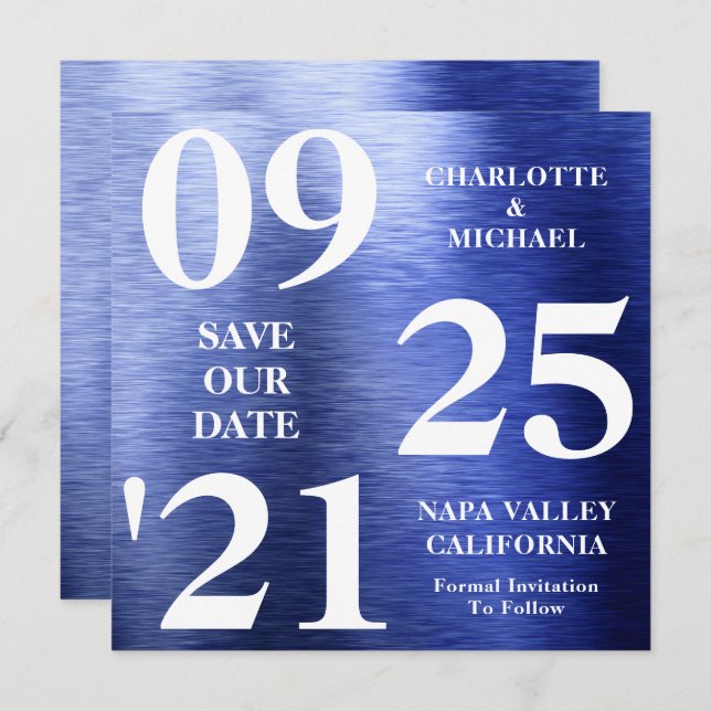 Elegant Blue Metallic Shimmer Modern Save The Date Invitation (Front/Back)