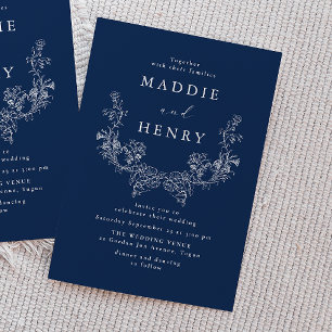 Elegant Blue Minimal Line Art Navy Floral Wedding Invitation