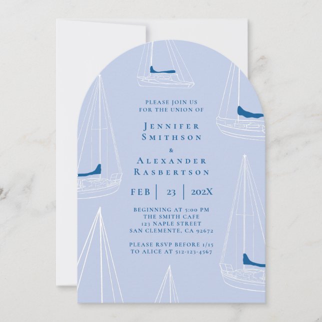 Elegant Blue Minimal Sailboat Wedding Invitation (Front)