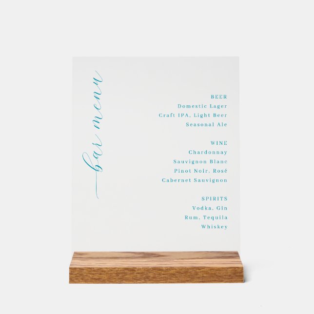 Elegant Blue Minimalist Bar Menu Acrylic Sign (Front)