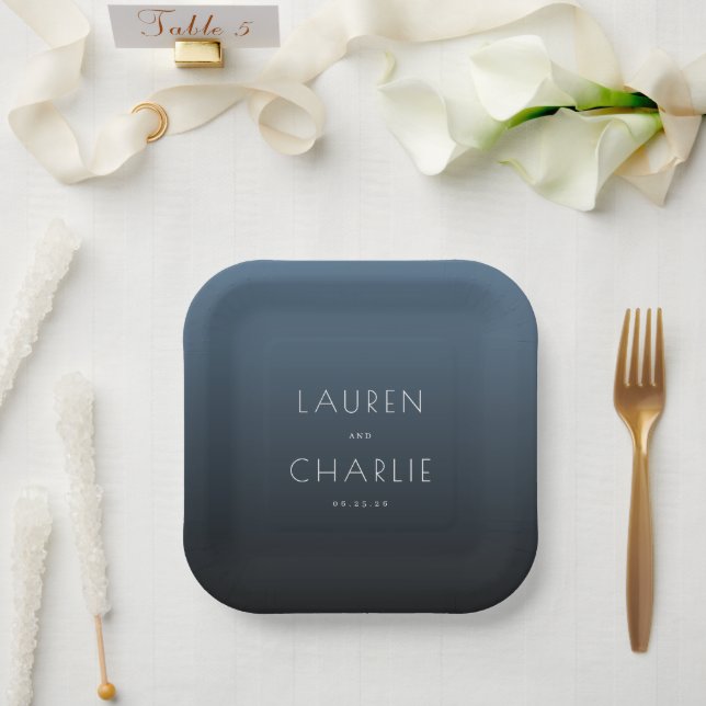 Elegant Blue Minimalist Names Paper Plate (Wedding)