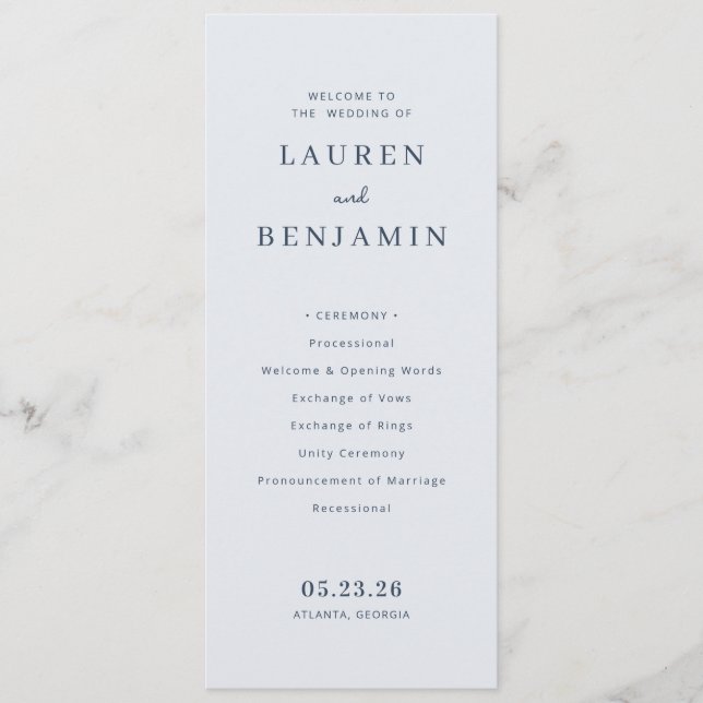 Elegant Blue Minimalist Wedding Program Programme (Front)