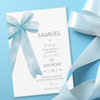 Elegant Blue Minimalistic Bow First BIrthday Boy Invitation