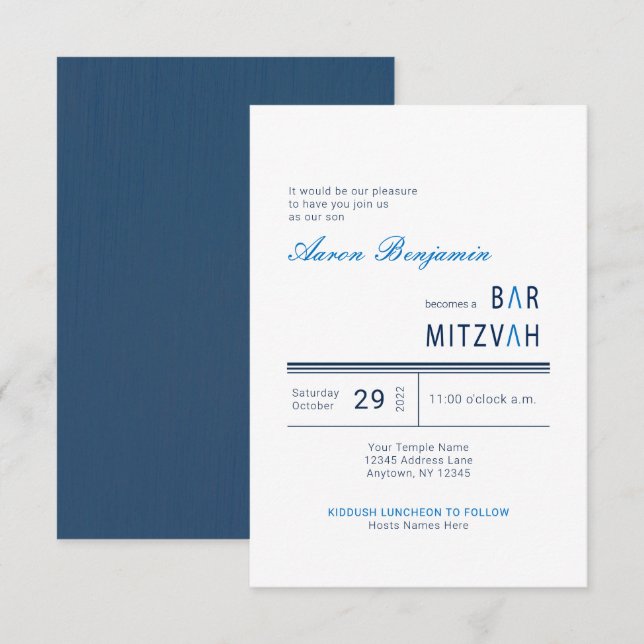 Elegant Blue Modern Bar Mitzvah Invitation (Front/Back)