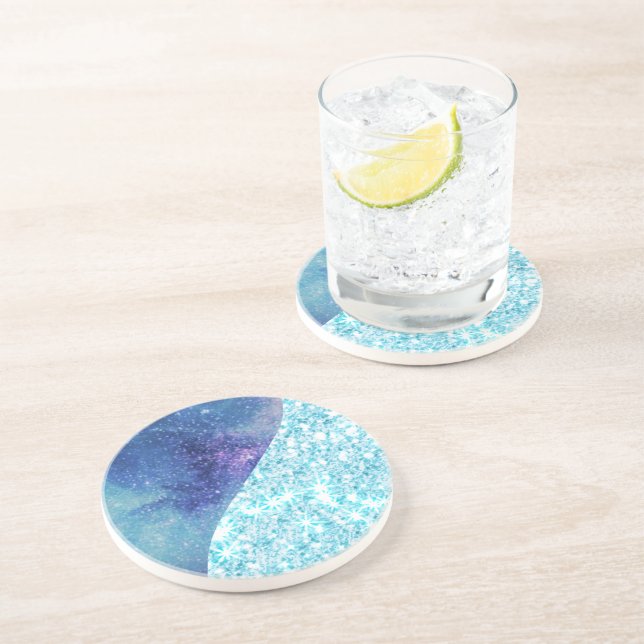 Elegant Blue Modern gradient galaxy glitter star Coaster (Side)