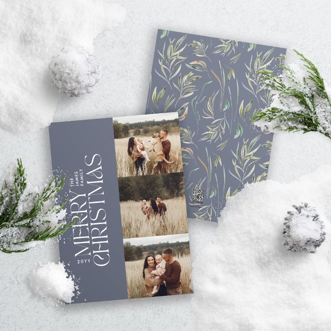 Elegant blue modern minimal multi photo botanical holiday card (Creator Uploaded)