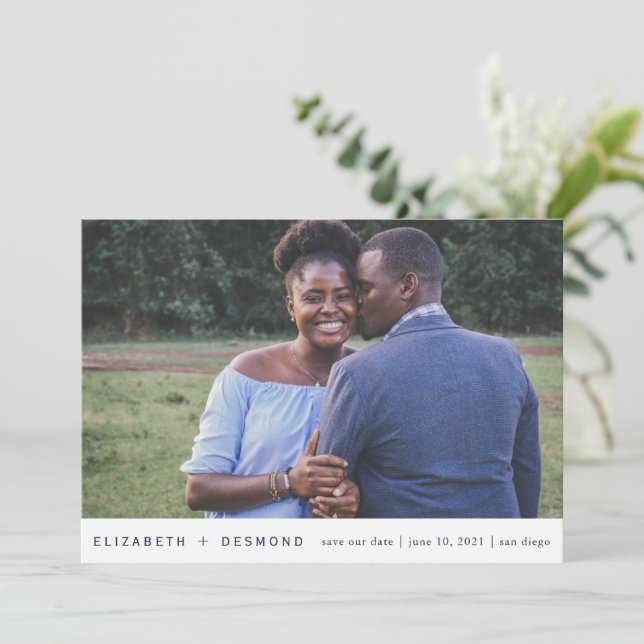 Elegant Blue Modern Photo Wedding Save The Date (Standing Front)