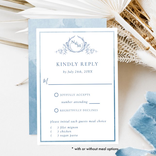 Elegant Blue Monogram and Watercolor Wedding RSVP Card (Creator Uploaded)