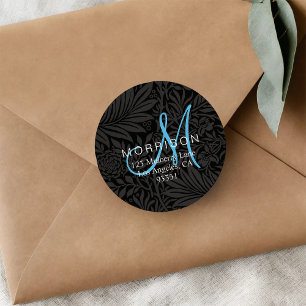 Elegant Blue Monogram Black Floral Return Address  Classic Round Sticker