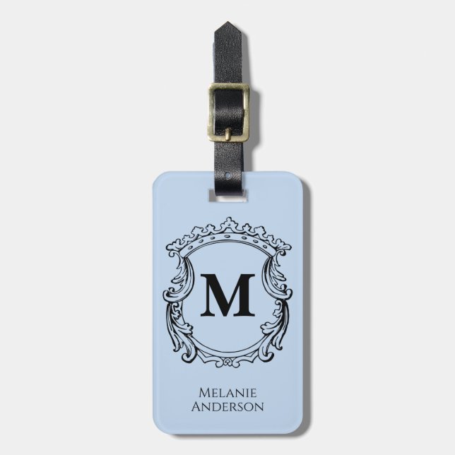 Elegant Blue Monogram Crest  Luggage Tag (Front Vertical)