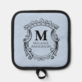 Elegant Blue Monogram Crest Pot Holder