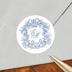 Elegant Blue Monogram Crest Vintage Wedding Classic Round Sticker
