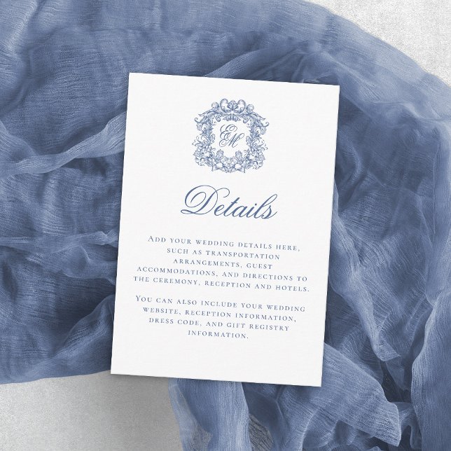Elegant Blue Monogram Crest Wedding Details Enclosure Card (Creator Uploaded)