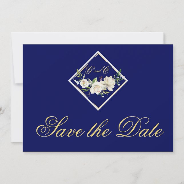 Elegant Blue Monogram Gold Save the Date (Front)