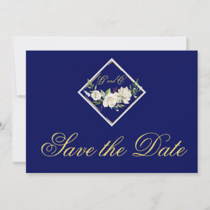 Elegant Blue Monogram Gold Save the Date