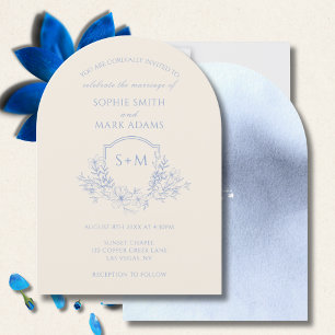Elegant Blue Monogram Initial Crest Floral Wedding Invitation