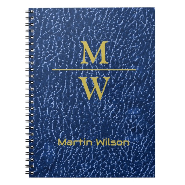 Elegant Blue Monogram Luxe Texture Gold Lettering  Notebook (Front)