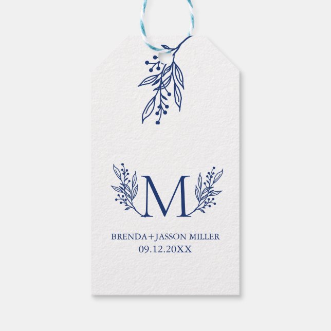 Elegant blue monogram newlywed  gift tags (Back)