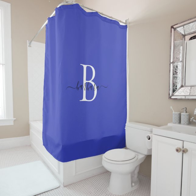 Elegant Blue Monogram Script Name Shower Curtain (In Situ)