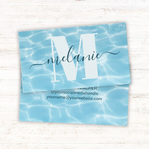 Elegant Blue Monogram Swimming Teacher Coach Business Card
