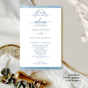 Elegant Blue Monogram Watercolor Wedding Program