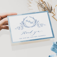Elegant Blue Monogram, Watercolor Wedding Thank Yo
