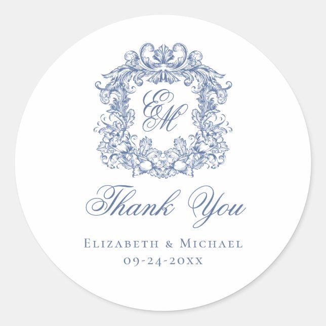 Elegant Blue Monogram Wedding Crest Thank You Classic Round Sticker (Front)