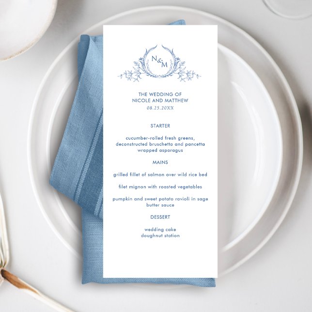 Elegant Blue Monogram Wedding Menu (Creator Uploaded)