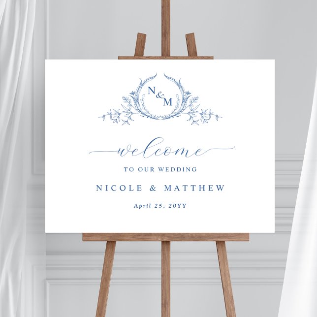 Elegant Blue Monogram Wedding Welcome Sign (Creator Uploaded)